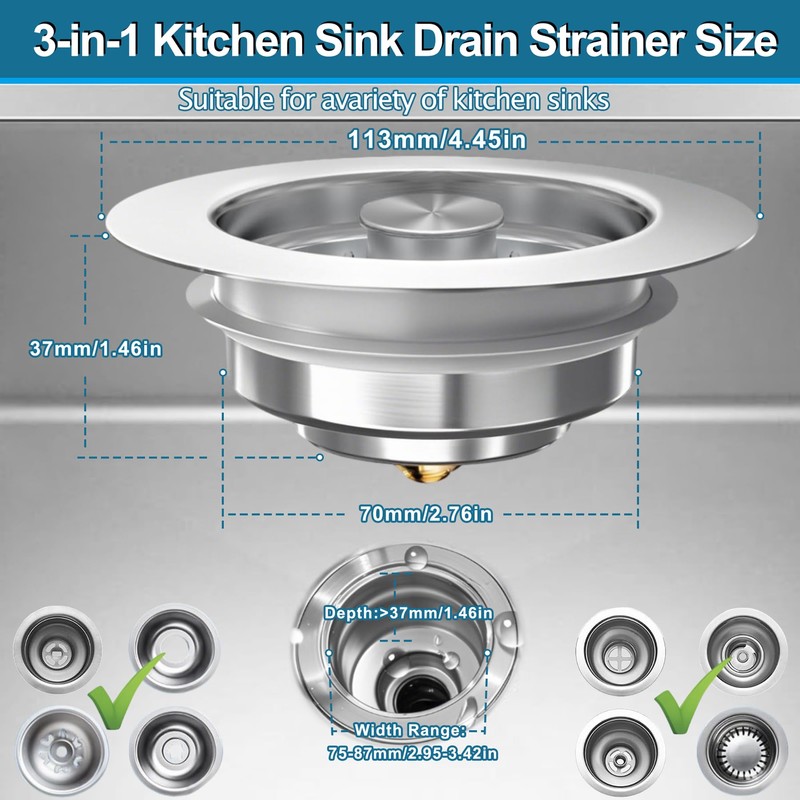 3-in-1 Kitchen Sink Drain Strainer & Stopper, Stainless Steel Food