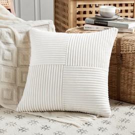 FDTERN 1 Piece Cream White Cushion Cover 45 x 45 cm Soft Corduroy Cushion Cover Decorative Cushion Cover Sofa Cushion Decorative Cushion Boho Decoration for Sofa Bedroom Living Room Balcony (without