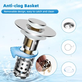 Hygie Rinse Upgraded Bathroom Sink Stopper Hair Catcher with 2-Layer Detachable Filter Basket – 3 in 1 Pop Up Sink Drain Strainer, Anti-Clog, Odor-Block, Universal Fit for 1.1''~2.36'' Sinks, Chrome