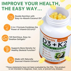 lofuanna Vitamin D3 K2 Supplement Softgels, 2 in 1 Vitamin D3 & K2 with Coconut Oil Supplement - Supports Heart, Teeth & Bone Health, Free of GMO & Gluten