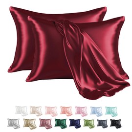 MR&HM Satin Pillowcase for Hair and Skin, Silk Satin Pillowcase 2 Pack, Queen Size Pillow Cases Set of 2, Silky Pillow Cover with Envelope Closure (20x30, Burgundy)