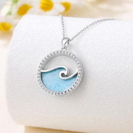BETHZA Larimar Wave Necklace S925 Sterling Silver Ocean Wave Pendant Round Wave Necklace Gemstone Wave Necklace for Women Wife Mother