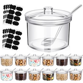 Tioncy 12 Pieces Acrylic Sugar Containers for Countertop Clear Sugar Holder Dispenser Salt Bowl with Lid and Spoon with Tag for Serving Condiment Candy Coffee Tea Spices Herbs (13.5 oz)