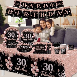30th Birthday Tableware Decorations for Women - 142Pcs Rose Gold Set With Plates, Napkins, Tablecloth and Happy Birthday Banner