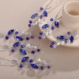 Teyglen 6pcs Blue Crystal Rhinestone Hair Pins with Pearl Bride Wedding Hair Pins Clips Bridal Crystal Hair Piece for Women Party Prom Hair Accessories Headpiece(Blue)