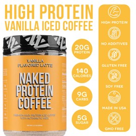 Naked Nutrition Vanilla Latte Protein Coffee - Premium Instant Coffee - Protein Shake, Iced Coffee, Protein Drinks, Delicious Keto Friendly and Gluten Free, 17 Servings