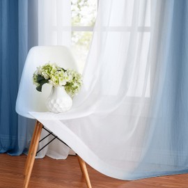 Ombre Chiffon Sheer Curtains Blue Crushed Crinkle Semi Voile Curtain Panels for Bedroom Living Room Decoration, Light Filtering Not See Through Window Treatments Rod Pocket, 2 Panels, 52" Wx54 L