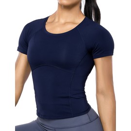 Workout Crop Tops for Women Short Sleeve Workout Shirts for Running Gym Yoga Athletic Exercise Navy