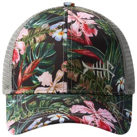 BASSDASH Altimate Fishing Hat Mesh Back for Men Women Adjustable Baseball Trucker Cap, Black/Tropical Flower, One Size