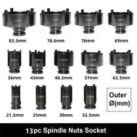 13pc Spindle Nuts Socket Kit Ball Joints Axle Locknut Remove Install Locking Hub Socket for KM Groove Nuts, 4 Teeth Exterior with 1/2'' 21.5mm 25mm 30mm 32.5mm 36mm 43mm 48.5mm 57mm 62.5mm 69mm 76mm