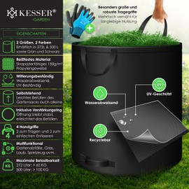 KESSER® Garden Sack 4 x 500 L Set Leaf Bags Garden Waste Bag Including Gloves - Self-Standing 4 Handles Stable Robust & Foldable - Leaf Bags Lawn Cutting Garden Bags for Garden Waste Green Cuttings