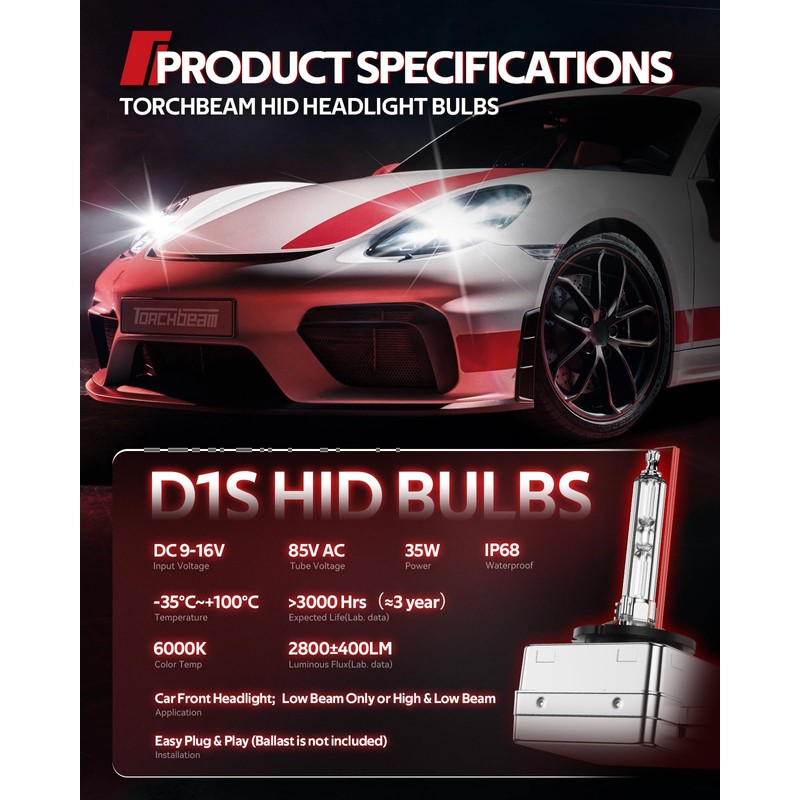 Torchbeam D1S HID Bulbs, 6000K Cool White, 150% Lighting Distance,
