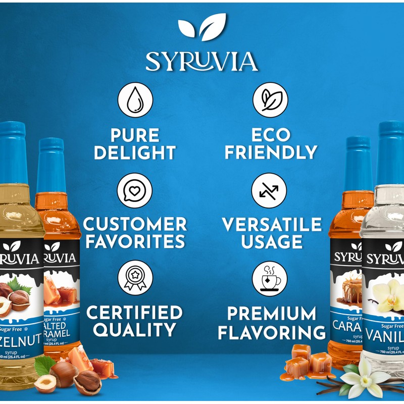 Syruvia Coffee Syrup Variety Pack Sugar Free Vanilla, Caramel, Hazelnut