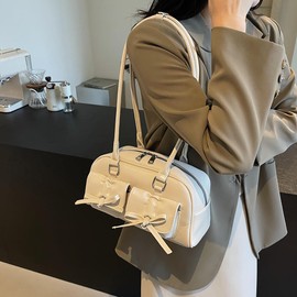 Makukke Handbag Women's Small PU Leather Shoulder Bag Y2K Shoulder Bag with Bow Cute Ita Bag Japanese Aesthetic Bag for Women Dating Party Shopping, beige