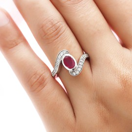 TJC Bypass Ring Platinum Plated 925 Sterling Silver Ruby White Zircon for Women Size T Bezel Setting White Zircon Red Gemstone July Birthstone