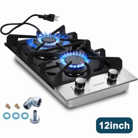 Eascookchef Gas Cooktop 12" Black Tempered Glass 2 Burners Built-in Hob NG/LPG Convertible