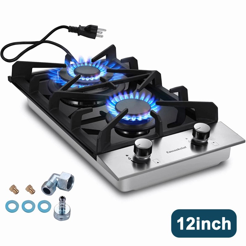 Eascookchef Gas Cooktop 12" Black Tempered Glass 2 Burners Built-in