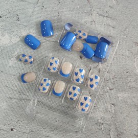 Blue French Tip Press on Nails Short Square Fake Nails with Polka Dot Heart Design False Nails Valentines Glue on Nails Glossy Full Cover Stick on Nails for Women Acrylic Nail Kit 24 Pcs