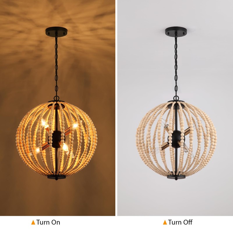 3WWWUEE 18'' Boho Wood Beaded Chandelier - Black Sphere 6-Light