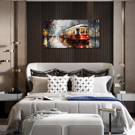 CANEITO Streetcar Wall Art for Living Room, City Canvas Wall Decor for Bedroom, Picture Print Artwork for Office, Size 20x40 Inches