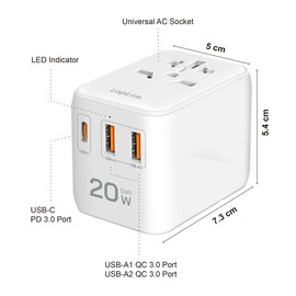 LogiLink PA0356 Universal Travel Power Supply with 10 Plug Types for >200 Countries, 20 W and PD (PowerDelivery) & QuickCharge, 3 x USB Ports, Fireproof