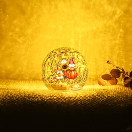 FRAMICS 2 PCS Fall Decorations for Home 4" Gnome Pumpkin Crackle Glass Balls Led Globe Light with Timer Thanksgiving Decorations Lighted Fall Decor Thanksgiving Centerpieces for Tables Gift