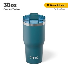 RTIC 30oz Essential Tumbler with Lid, Insulated, Stainless Steel, Metal, Double Wall Vacuum-Insulation, Ceramic Lined, Travel Cup for Iced Coffee, Tea, Hot and Cold Drink, Marine