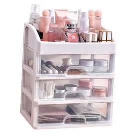 3 Tier Drawer Makeup Storage Box, Clear Plastic Cosmetic Organizer, Stationery Storage with Jewelry Drawer, Drawers