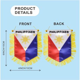 Philippines Hanging Flag with Suction Cup Double Sided Mini 4x6 Inch Filipino Banner Decorations for Car Home Wall Door Window