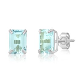 MAX + STONE 14k White Gold Solitaire Blue Aquamarine Emerald Cut Stud Earrings for Women | 7x5mm March Birthstone