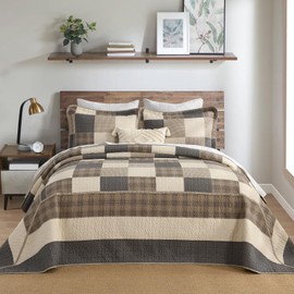 DDUOXIN 3 Piece Oversized King Bedspread 128"x120" - 100% Cotton California King Quilt with 2 Pillow Shams, Farmhouse Lightweight Plaid Bedspreads Coverlet Sets, Charcoal/Beige/Brown