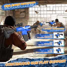 Automatic Toy Foam Blaster with Scope, Electric Toy Dart Blaster with 120 Foam Darts, IR, Flashlight, Goggles, Air Pocket Technology Outdoor Shooting Game Kids Toys for 8-12-Blue