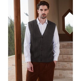 Kallspin Men’s Wool Blended Vest Sweater Cable Knit Relax Fit V Neck Sleeveless Button Cardigan (Charcoal, M)