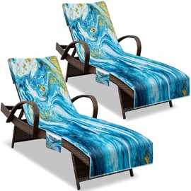 NISDOING Lounge Chair Towel Cover, (Pack of 2), Beach Chair Cover with Pockets, Pool Chair Covers for Outdoor Beach Furniture Sun Lounger, No Sliding, 85 X 30 in, Abstract Marble Blue