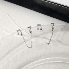 CZ Music Note Double Piercing With Chain Threader Stud Earrings for Women Cartilage 2 Holes S925 Sterling Silver Dangle Drop Hypoallergenic Gifts for Daughter Birthday, Sterling Silver, 14k White