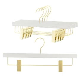 MAWA by Reston Lloyd, European Wooden Hanger, Beech Wood Hanger with Adjustable Pant Clips, Rotating Gold Hook, White Finish, for Pants, Shorts, & Skirt Clothes Hanger, Set of 5