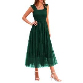 PRETTYGARDEN Women's Summer Midi Tulle Dress Sleeveless Smocked Square Neck Ruffle Flowy Party Wedding Guest Sundress (Dark Green,Medium)