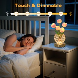 Tulip Flower Lamp, Rechargeable Tulip Lamp LED Artificial Flowers Night Light with Crystal Vase & 3 Color Temperature, Dimmable Touch Cordless Table Lamp, Unique Birthday Gift for Woman Mom (Pink 1)