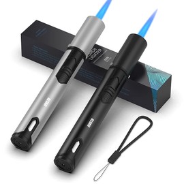 JEVSTU 2 Pack Butane Lighter, Torch with Fuel Level Window, Adjustable Fire Jet Lighter for Fireplace, Windproof Pen for Candle Kitchen BBQ, Fluid not Included, Black & Sliver