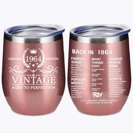 60th Birthday Gifts for Women Friends, 12 Oz Insulated Stainless Steel Wine Tumbler with Lid, Double Side Printed Birthday Thermos cup, Back in 1964 Old Time Information, Best Birthday Gifts