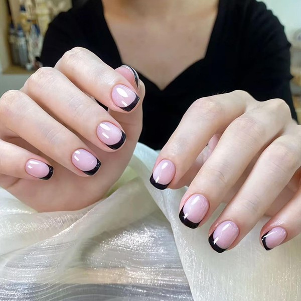 Black French Tip Press on Nails with Pink Design Fake