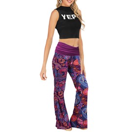 Gracyoga Women's Comfy Pajama Pants Wide Leg Lounge Palazzo Yoga Pants Stretch Casual Floral Print Fold Waist Pants