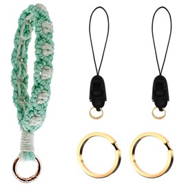 BIHRTC Boho Macrame Wristlet Keychain Handmade Keyring Bracelet Wrist Lanyard for Women Car Keys Holder, Light Green White, 11inch