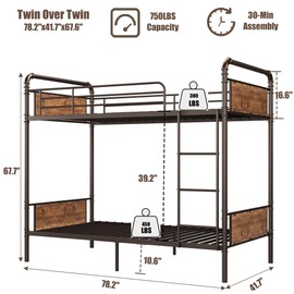 GarveeHome Metal Bunk Bed Twin Over Twin for Kids, Heavy Duty Twin Size Convertible Bunk Bed with Guardrail & Ladders, Noise Free, No Box Spring Needed, Vintage Brown