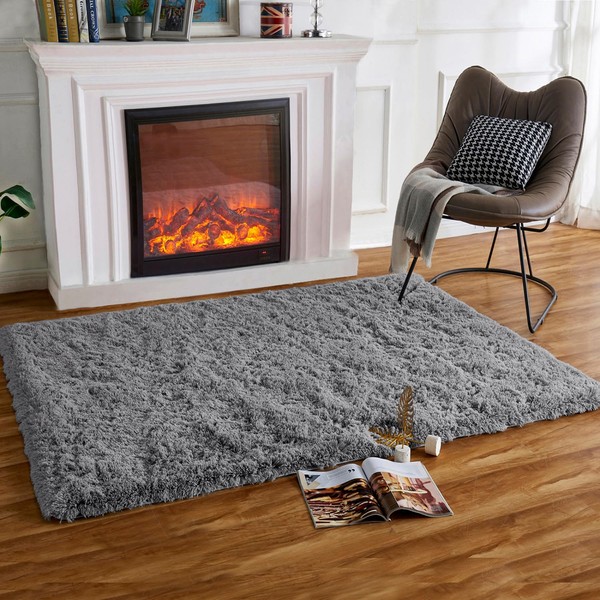 HARESLE Shaggy Fluffy Rugs High Pile Silver Grey Carpets Non Slip Solid Color Plush Rugs Small Shag Rug(Grey/60×120 cm)