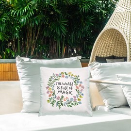 Stupell Industries Full of Magic Uplifting Flower Wreath Quote Outdoor Printed Pillow, 18 x 18, Multi-Color