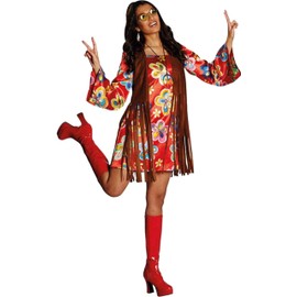Krause & Sohn Hippie Costume Nancy colorful dress with brown vest Flower Power Party 70s