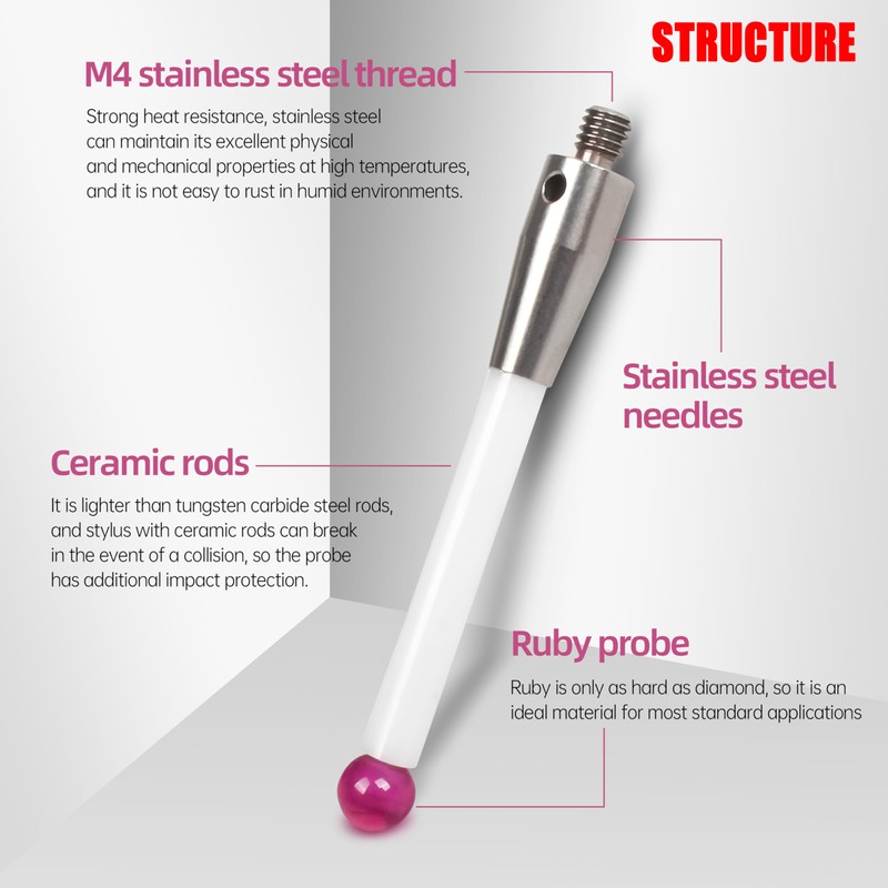 XUNKUANER CNC & CMM M4 Touch Probe Stylus，0.001mm Accuracy, Ceramic