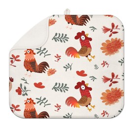 Rooster Dish Drying Mat for Kitchen Counter 16''x18''Microfiber Absorbent - Foldable, Quick-Dry, Non-Slip, Small & Compact Red Kitchen Drying Pad for Dishes, Utensils, and Cookware