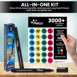 Perco Garage Sale Price Stickers with Counterfeit Money Detector Pens Kit - Includes 3000+ Pre-Priced & 150+ Blank Stickers and a Pack of 2 Fake US Bill Checker to Ensure Authenticity & Prevent Fraud